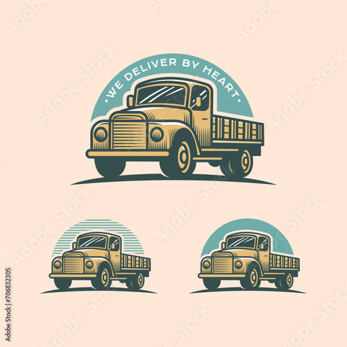 Logistic company logo in retro vintage vector set illustration style. Old truck company brand identity.