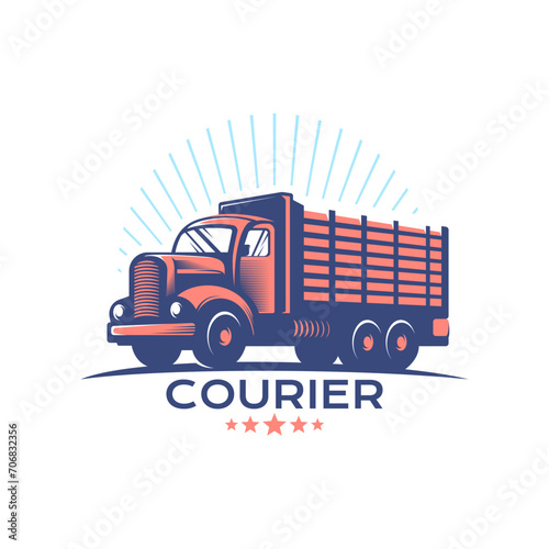 Logistic company logo in retro vintage vector illustration style. Old truck company brand identity.