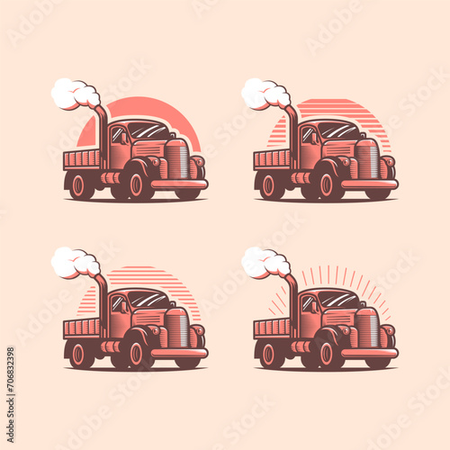Logistic company logo in retro vintage vector set illustration style. Old truck company brand identity.