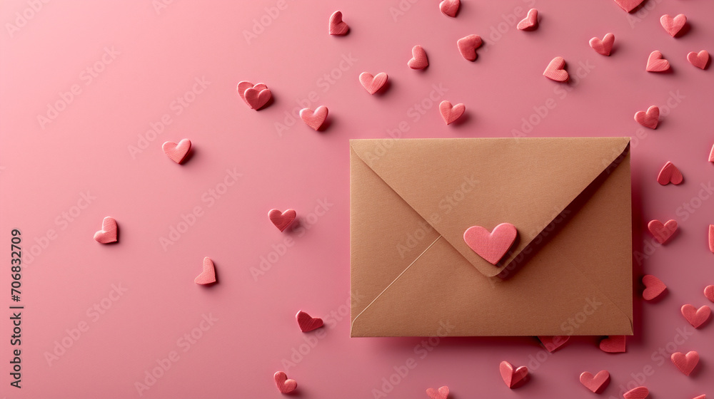 romantic Valentine's scene with a red envelope, heart shaped paper, and symbols of affection. Perfect for weddings, anniversaries, or crafting heartfelt messages.