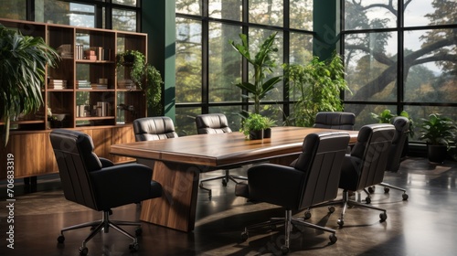 The meeting room has wooden tables and black chairs