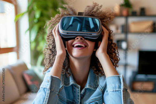 Excited girl wearing VR headset with a big smile on face