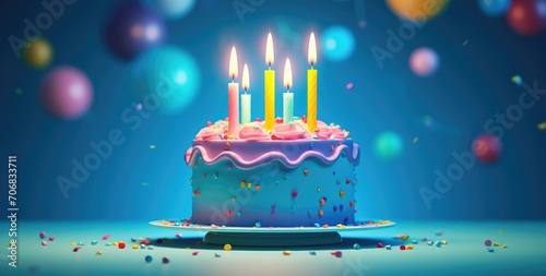 birthday cake with candles with blue background in 3d photo