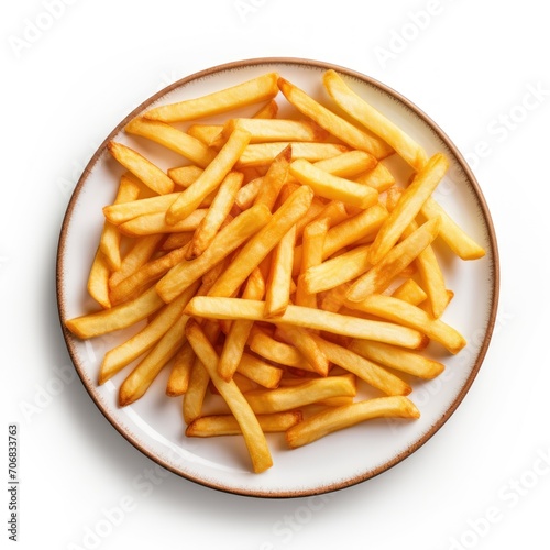 French Fries on a round white plate, on a plain white background