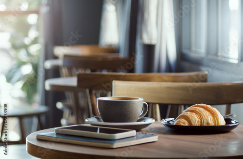 Close-up shot, coffree cup with smart phone placed on a notebook and bread on the plate on wooden table by the window with sunlight in the morning. photo