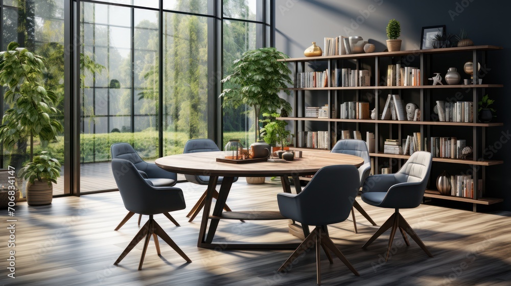 A white office with a round table surrounded by dark gray chairs, a window and bookshelves