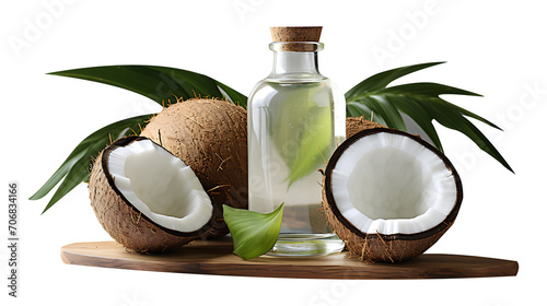Coconut oil in a glass bottle with coconut on a transparent png background