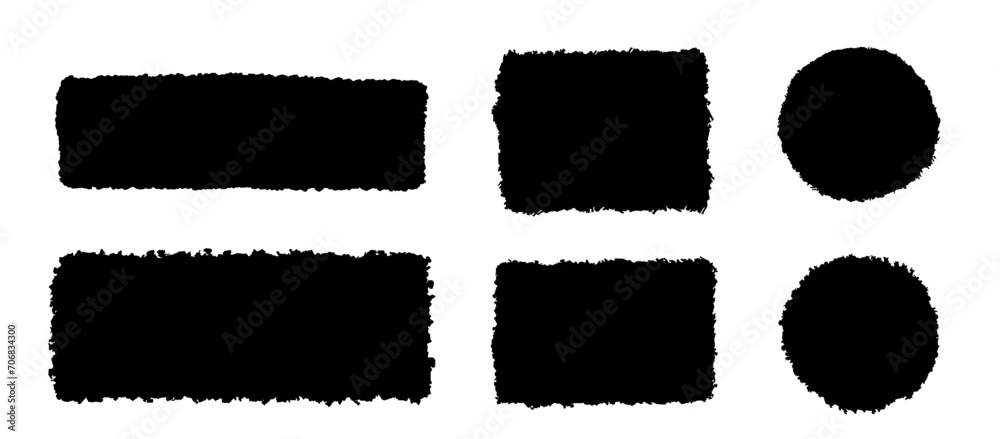 Black rectangle and round form with jagged edges. Ripped rectangular grunge shape silhouettes set. Textured vector element collection - obrazy, fototapety, plakaty 