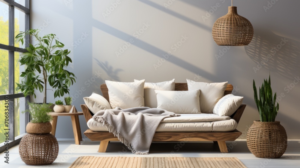 White pillows on wooden bed with plants and round rug. White pillows on wooden bed with plants and round rug.