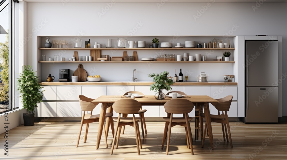 white Scandinavian kitchen with dining area. furniture, shelves with glassware and plants, refrigerator