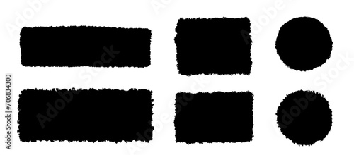 Black rectangle and round form with jagged edges. Ripped rectangular grunge shape silhouettes set. Textured vector element collection