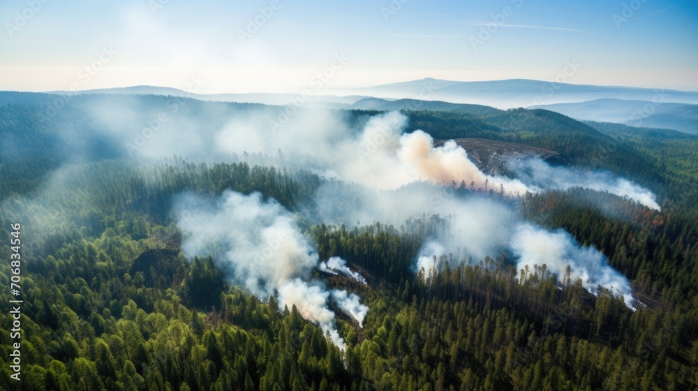 The expansive forest is no match for the allconsuming wildfire, as it engulfs everything in its path seen from a birds eye perspective.