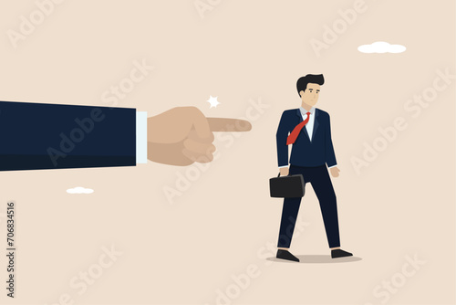 Fired employee, layoff or dismissal worker, failure or trouble employment, unemployment concept, boss pointing finger to fires, layoff misconduct employee.
