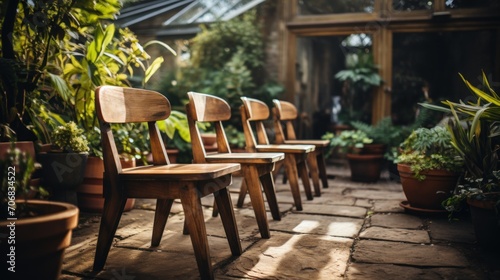 Wooden chairs in the garden outside the house © Prasojo