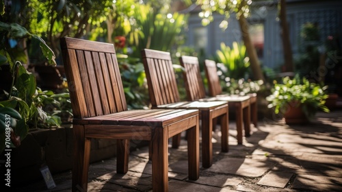 Wooden chairs in the garden outside the house © Prasojo