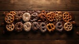 An overhead shot captures a group of chocolatecovered pretzels laid out on a rustic wooden board, highlighting their natural appeal and appetizing combination of sweet and savory flavors.