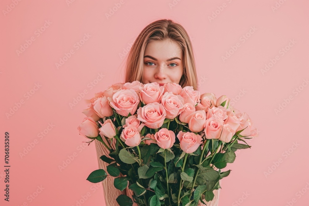 Woman with a bouquet of roses, romantic gesture, against a backdrop of soft pink.