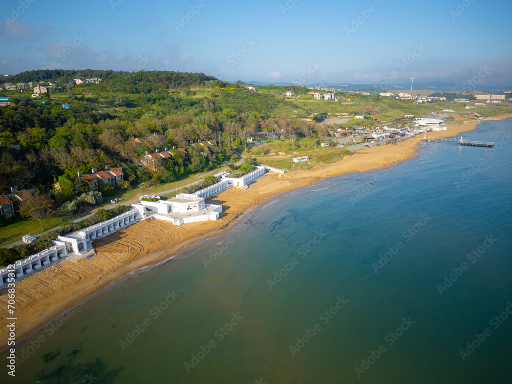 Kumkoy beach aerial view at Black Sea near historic town center Kumkoy, Sariyer district of Istanbul, Turkey. 