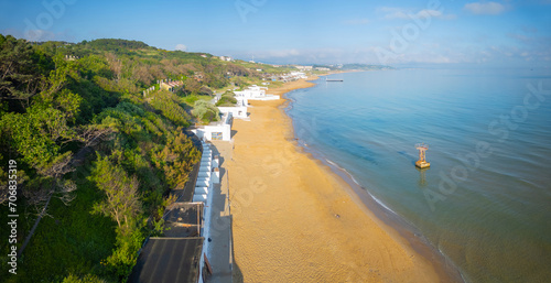 Fototapeta Naklejka Na Ścianę i Meble -  Kumkoy beach aerial view at Black Sea near historic town center Kumkoy, Sariyer district of Istanbul, Turkey. 