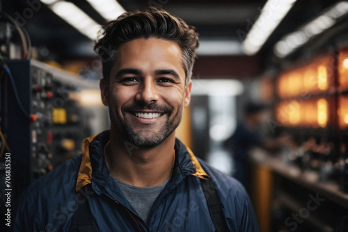 Portrait of a male electrician or technician smiling while looking at the camera in a workshop type of environment photo