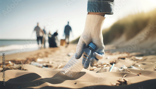 Environmental Volunteerism – Individual Picking Up Plastic Bottle on Sandy Beach.pollution, volunteer, waste, ecology, dirty, beach, garbage, trash, nature, recycling, plastic, ocean, sand, rubbish photo