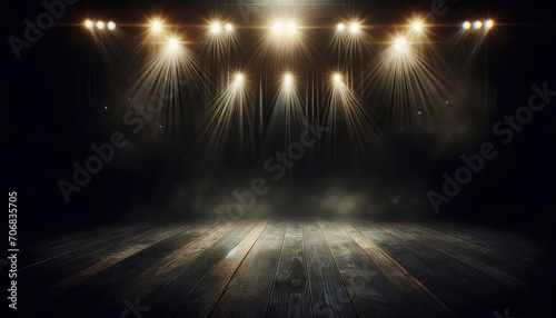 Stage Spotlight on Dark Wooden Floor Performance Venue Concept - A dark stage illuminated by bright spotlights from above, highlighting the textured wooden floor, perfect for showcasing performance an