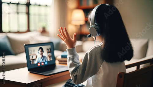 Young Girl Virtual Learning Waving Hand Laptop Home Interior - A young girl with headphones waving at the screen during a video call, set in a cozy home environment, ideal for remote learning and mode photo