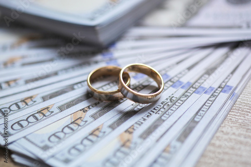 Golden wedding rings on money background