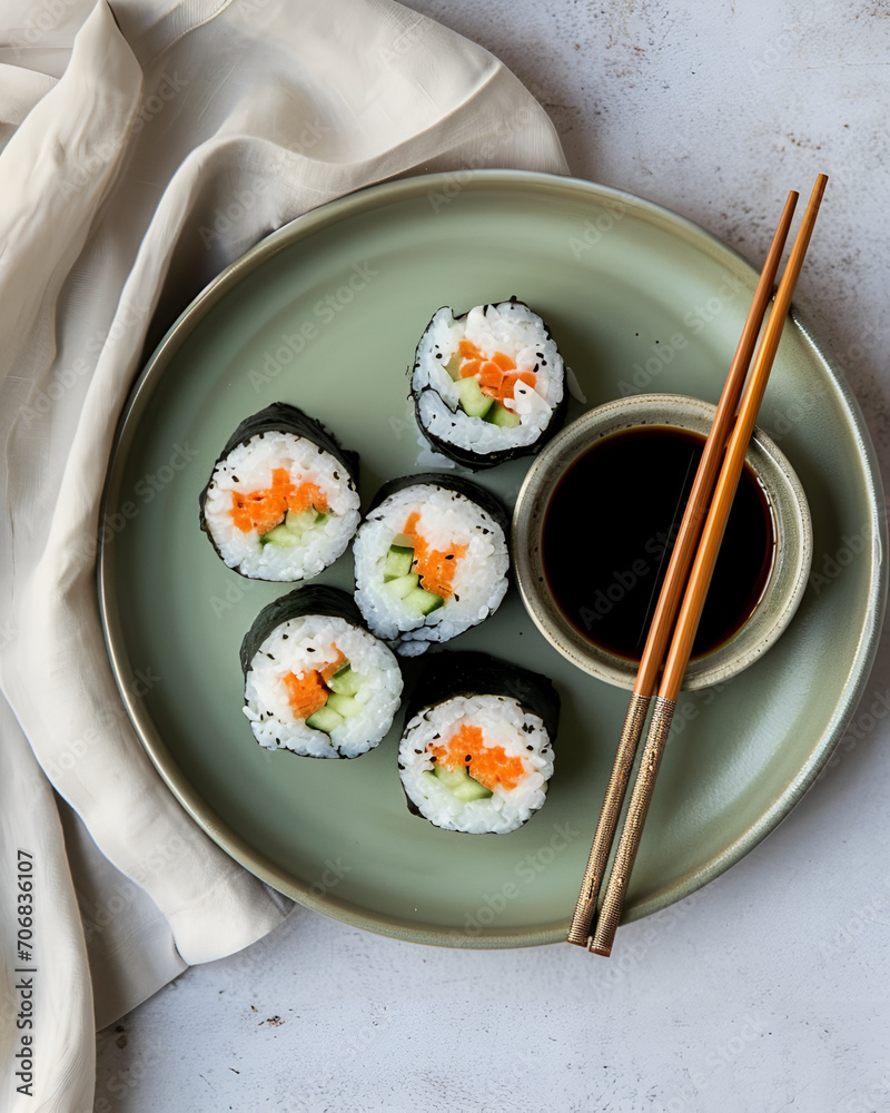 Futomaki sushi on a green plate with shoyuu in a small bowl, there are two chopsticks and a cloth, The table used is bright cement. Futomaki sushi on a green plate with shoyuu in a small bowl, there are two chopsticks and a cloth, The table used is bright cement.