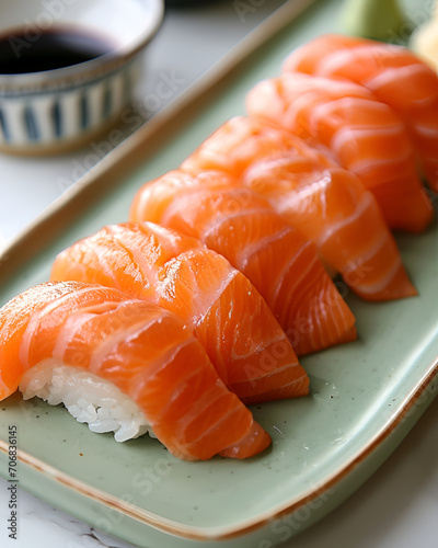 Salmon sushi is neatly arranged on a light green plate, The table used is white table top.