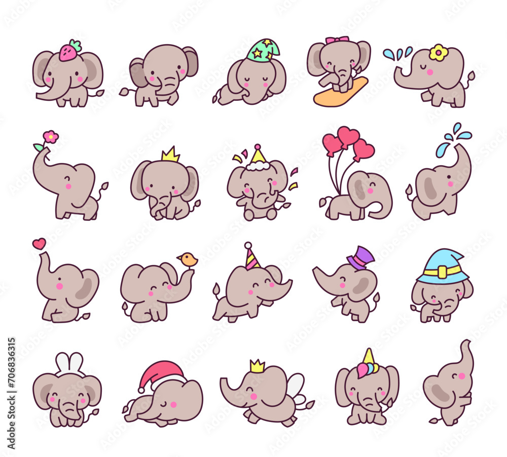 Fototapeta premium Cute kawaii elephant. Cartoon funny characters. Hand drawn style. Vector drawing. Collection of design elements.