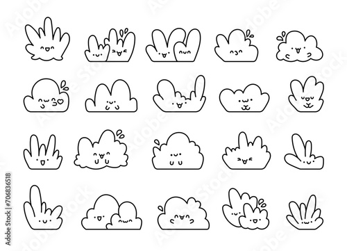 Kawaii cute lawn bush. Coloring Page. Cartoon plant grass character. Hand drawn style. Vector drawing. Collection of design elements.