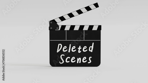 Movie clapper board 3D animation with deleted scenes words on film slate for uncut footage, mistake, bloopers, outtakes movie photo