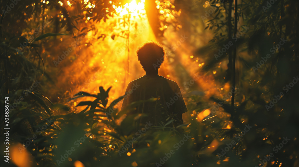 Sunset Silhouette: Youthful Contemplation in the Jungle Sunset Silhouette: Youthful Contemplation in the Jungle