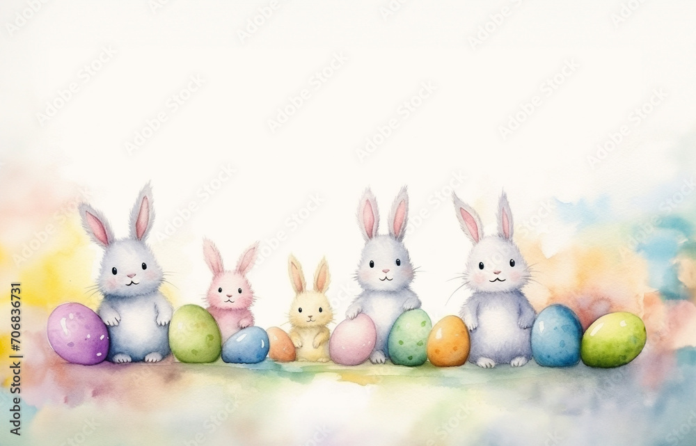 Obraz premium Easter bunny and easter eggs in watercolor painted style. Easter decoration, easter greeting card, poster or background. Generative AI.