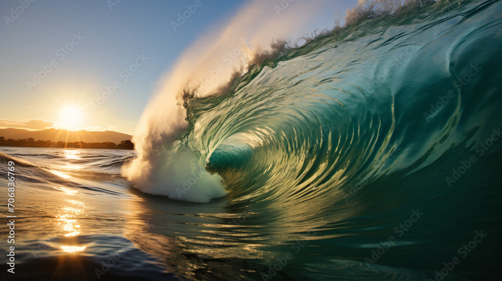 Exreme athlete surfs a big barrel ocean wave