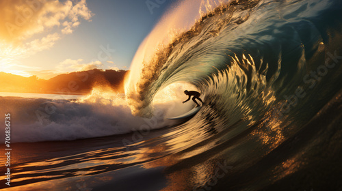 A man withe Extreme athlete surfs a big barrel ocean wave © Lerson