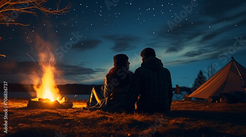 adventurous couple are setting up campfires and enjoying the beauty of nature
