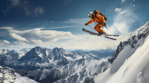 An athlete skier is jumping from high rock photo