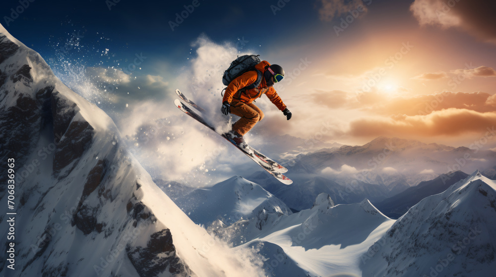 Snowboarder jumps off snow cliff