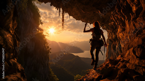 Silhouette of woman rock climbing on straight vertical rock at sunset
