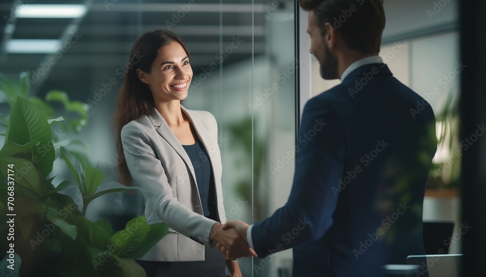 businesswoman shaking hands with business coworker businesswoman shaking hands with business coworker