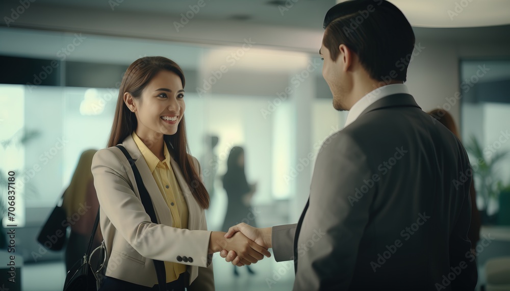 businesswoman shaking hands with business coworker businesswoman shaking hands with business coworker