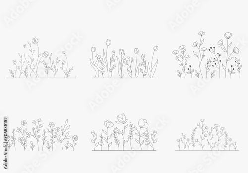 Hand-drawn wild flowers sketch set isolated on white background. Spring herbal design. Black Silhouettes Of Grass, Flowers And Herbs.