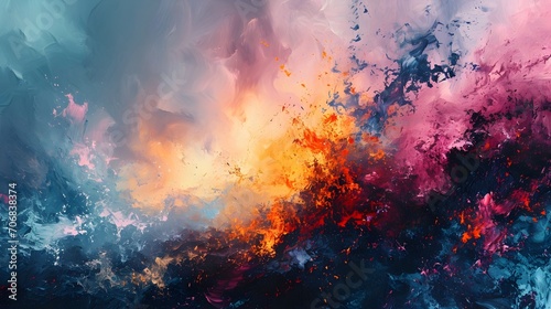 image is a close-up of red and white smoke. It is an abstract painting with a nature theme, created using acrylic paint.
