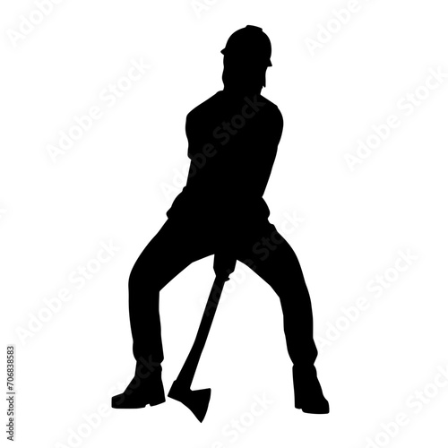 Silhouette of a worker in action pose using his axe tool.
