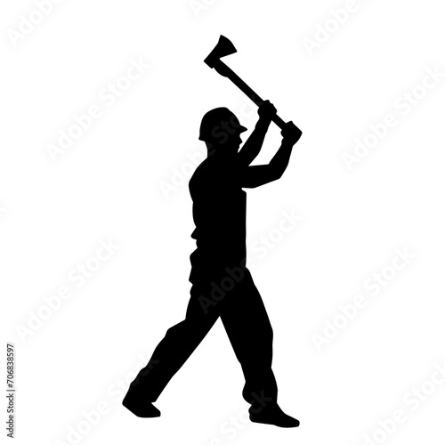 Silhouette of a worker in action pose using his axe tool.
