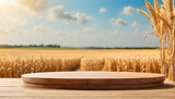wooden podium for product presentation with blurry cornfield background