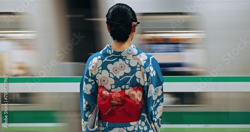 Japan woman, travel and train station in kimono and public transportation on metro bullet in city. Person, motion blur or traditional clothes by fast vehicle or subway in tokyo on urban adventure photo