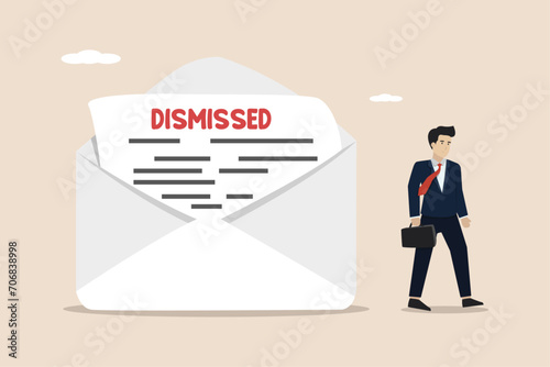 Layoff email sending to employee to inform job dismissed or fired, staff layoff due to economic recession concept, unemployed businessmen leaving layoff emails. photo